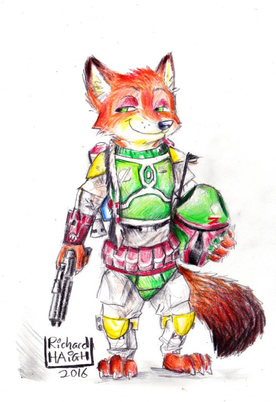 3_toes 4_fingers anthro armor barefoot biped claws clothed clothing cosplay dipstick_ears dipstick_tail ear_markings feet fingers fluffy fluffy_tail front_view fully_clothed fur furgonomics green_eyes gun handgun headgear helmet holding_gun holding_object holding_ranged_weapon holding_weapon jet_pack knee_pads looking_aside male mandalorian mandalorian_armor markings multicolored_ears multicolored_tail ranged_weapon simple_background smile solo tail tail_markings toes weapon white_background penmark disney star_wars zootopia boba_fett nick_wilde canid canine fox mammal red_fox true_fox 2016 hi_res