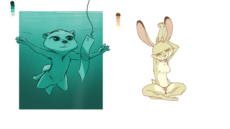 anthro breasts clothed clothing dipstick_ears duo ear_markings female fishing_line hook money multicolored_ears nipples nude simple_background sitting stretching topless underwater water white_background ittybittykittytittys disney nevermind_(nirvana) nirvana zootopia judy_hopps kris_(zootopia) lagomorph leporid mammal mustelid otter rabbit 16:9 2018 4k absurd_res hi_res multiple_images widescreen