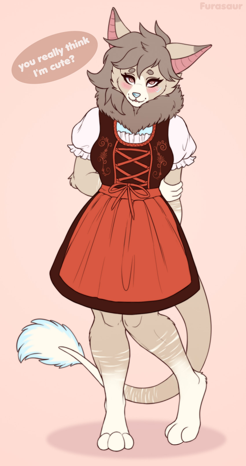 anthro bent_leg blush clothing cute_fangs dirndl dress embarrassed fangs female holding_arm looking_at_viewer shy smile solo teeth text furasaur alyona_the_floof bat canid canine fox mammal absurd_res english_text hi_res