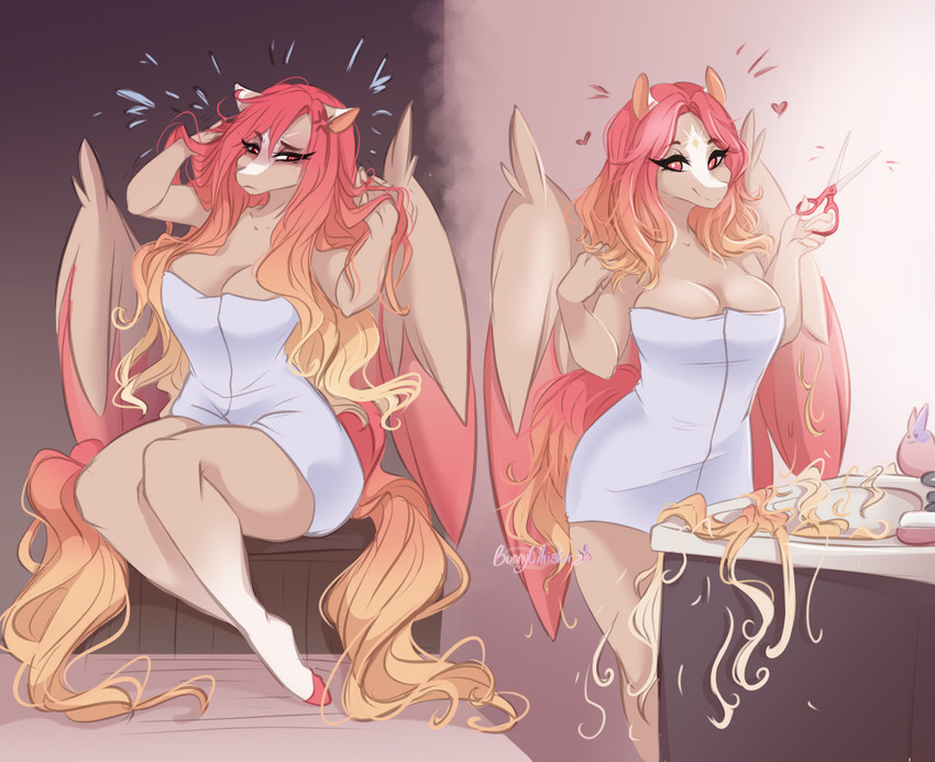 anthro big_breasts breasts female hair long_hair multicolored_hair scissors sitting solo towel towel_only two_tone_hair wings bunnywhiskerz hasbro my_little_pony mythology fan_character equid equine mammal mythological_creature mythological_equine pegasus digital_media_(artwork) hi_res shaded