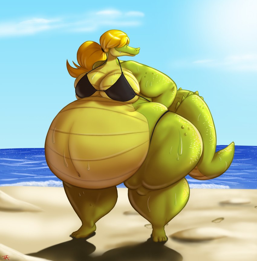 anthro beach big_breasts bikini blonde_hair bodily_fluids breasts clothing female hair hyper hyper_pear obese obese_female overweight overweight_anthro overweight_female pear-shaped_figure ponytail seaside sweat swimwear two-piece_swimsuit wide_hips cursedreaper ridiculouscake geraldeen_almer alligator alligatorid american_alligator crocodilian reptile scalie hi_res