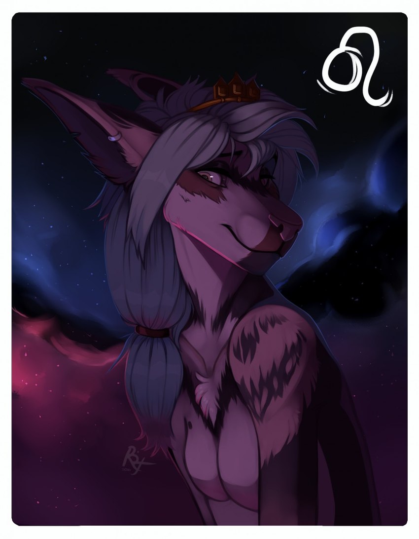 anthro astrological_symbol breasts chest_tuft closed_smile cosmic_background ear_piercing ear_ring ears_back featureless_breasts female fur glistening glistening_eyes grey_hair hair leo_(symbol) long_hair mouth_closed narrowed_eyes nebula nude piercing pivoted_ears ring_piercing slight_smile smile solo space space_background star symbol tan_body tan_eyes tan_fur three-quarter_view tuft western_zodiac_symbol riorix canid mammal half-length_portrait hi_res portrait signature