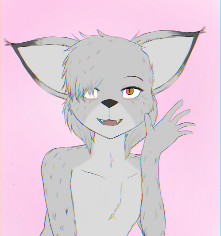 anthro chromatic_aberration fangs femboy fur gesture grey_body grey_fur hair hair_over_eye happy male one_eye_obstructed open_mouth pink_background simple_background smile solo teeth waving qunteki unknown_artist felid feline lynx mammal hi_res