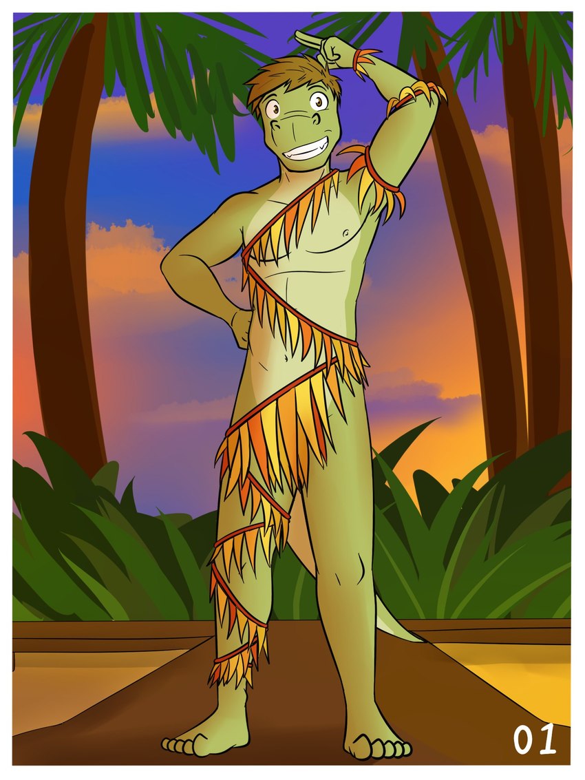 anthro grass_skirt grin male mostly_nude navel nipples outside palm_tree plant pose smile solo sunset tree fuze gabriel_(fuze) alligator alligatorid crocodilian reptile scalie 3:4 hi_res