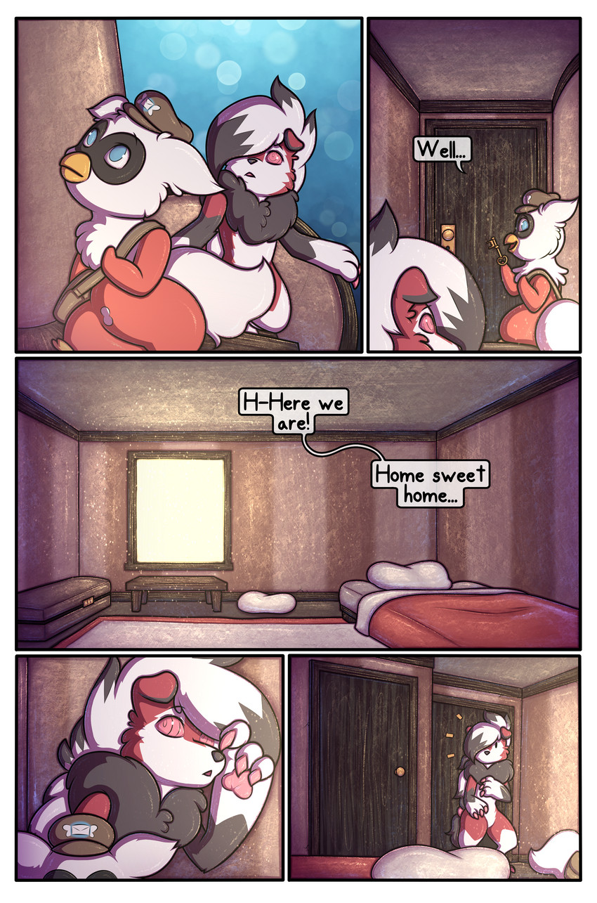 bag bed bed_covers bedding bedroom border clothing dialogue door door_handle doorknob duo female feral fur furniture hat headgear headwear inside key light male pillow red_eyes stairs sunlight table text white_border 007delta artz brahkest nintendo pokemon pokemon_mystery_dungeon spike_chunsoft wanderlust scarlet_mauve tinsel_(wanderlust) avian bird canid canine delibird generation_2_pokemon generation_5_pokemon generation_7_pokemon hybrid lycanroc mammal midnight_lycanroc pokemon_(species) zoroark 2020 absurd_res comic digital_drawing_(artwork) digital_media_(artwork) english_text hi_res