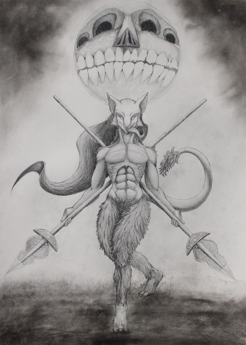 3_toes 4_ears 4_fingers 4_nostrils abs anthro duo evil_grin featureless_crotch feet fingers fluffy fluffy_ears fluffy_shoulders hair hairy_legs holding_melee_weapon holding_object holding_polearm holding_spear holding_weapon long_hair long_tongue looking_at_viewer male melee_weapon moon multi_ear muscular muscular_anthro muscular_male no_pupils nude polearm smile spear tail tail_tuft teeth toes tongue tongue_out tuft walking weapon atagamayart fear_&_hunger_2:_termina fear_and_hunger rancid_the_sergal rher deity sergal 2024 black_and_white hi_res monochrome