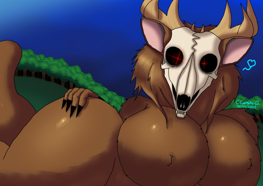 anthro big_breasts breasts brown_body brown_fur female fur hand_on_hip heart_symbol huge_breasts outside solo wide_hips cobalt_canine american_mythology indigenous_north_american_mythology mythology north_american_mythology deer mammal wendigo