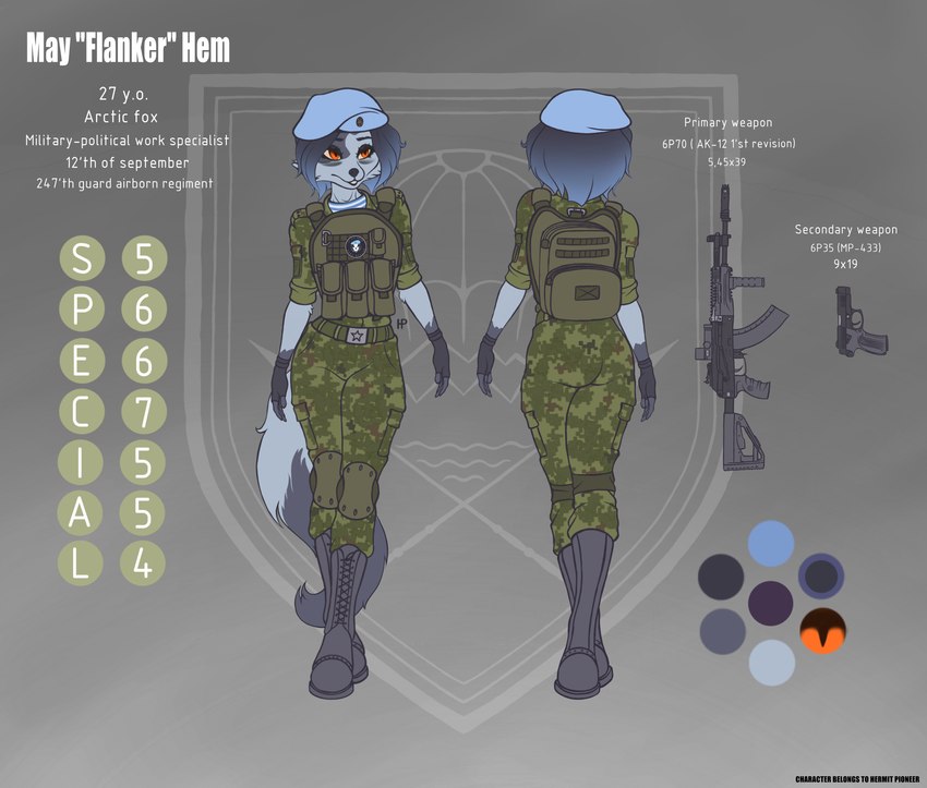 ak-12 anthro armor beret boots clothing female footwear hat headgear headwear military military_uniform mp-433 shoes solo text uniform weapon hermitpioneer may_hem arctic_fox canid canine fox mammal true_fox absurd_res english_text hi_res model_sheet