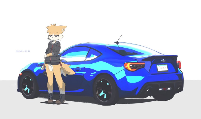 anthro bottomless car cheek_tuft clothed clothing countershade_face countershading facial_tuft female female_anthro footwear fur head_tuft leg_tuft sad shoes simple_background solo standing tuft vehicle white_background white_body white_countershading white_fur yellow_body yellow_fur rolo_stuff subaru subaru_brz rolo_(rolo_stuff) domestic_cat felid feline felis mammal 2022 digital_media_(artwork) hi_res signature