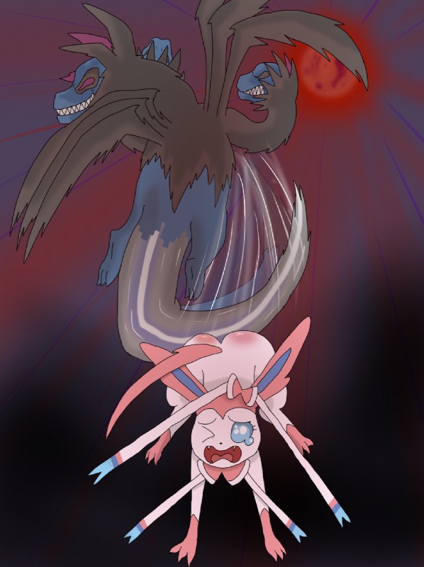 3_heads ambiguous_gender blood_moon bodily_fluids butt butt_slap duo ear_bow fangs iron_tail moon multi_head neck_bow pain slap spanking tears teeth tongue kirogazen nintendo pokemon eeveelution generation_5_pokemon generation_6_pokemon hydreigon pokemon_(species) sylveon hi_res