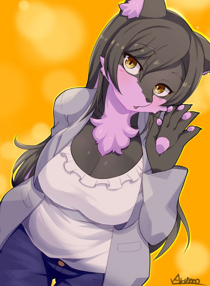 anthro big_breasts black_hair bottomwear breasts brown_eyes cleavage clothed clothing denim denim_bottomwear denim_clothing female hair jeans long_hair looking_at_viewer pants shirt solo topwear white_clothing white_shirt white_topwear arumo vtuber exy canid canine canis mammal wolf absurd_res hi_res