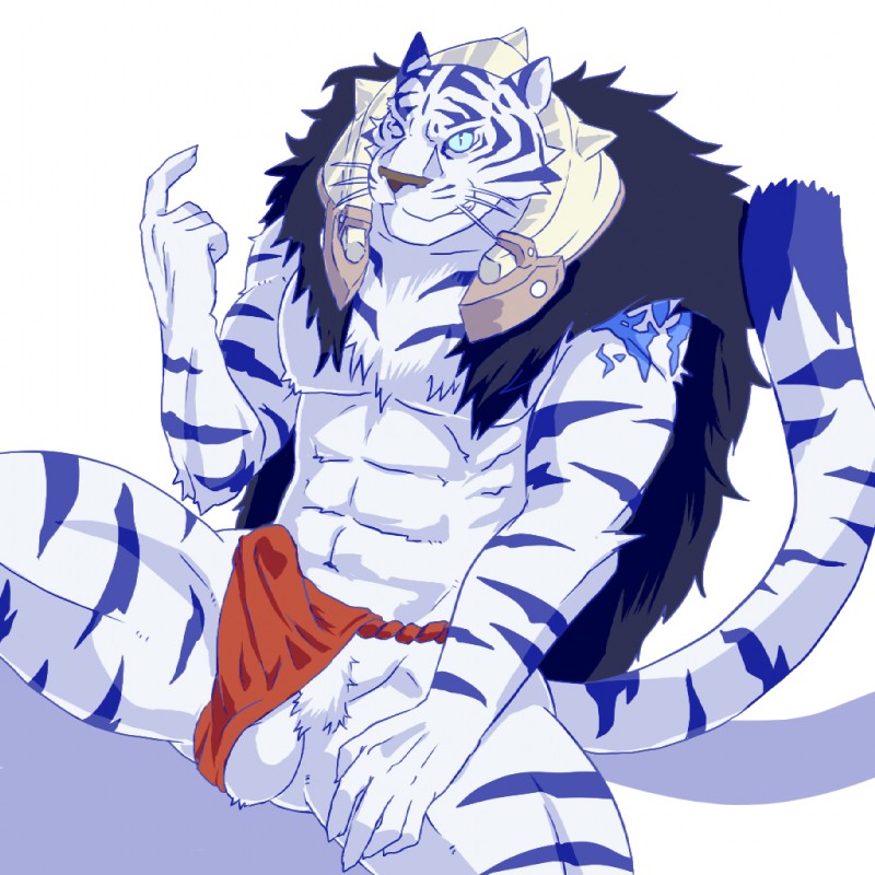 abs anthro balls biceps biped bottomwear clothing erection fur genitals inviting leucistic loincloth looking_at_viewer male markings muscular muscular_anthro muscular_male pecs penis pose sitting solo stripes tail underwear seitora blaze_union baifu felid mammal pantherine tiger 1:1