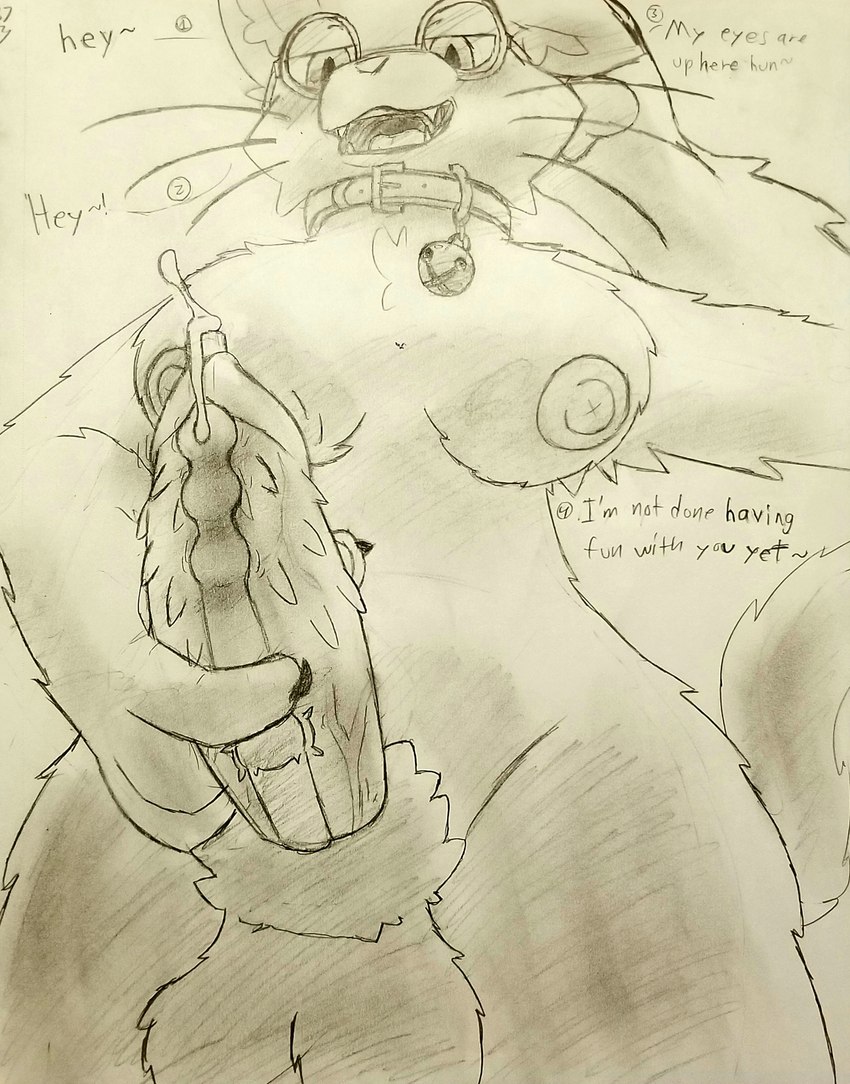 anthro balls bell bell_collar big_breasts blush bodily_fluids breasts collar confident cum cum_blockage cum_drip cumshot dialogue dominant dripping ejaculation flirting flirting_with_viewer fluffy fluffy_balls fluffy_sheath genital_fluids genitals gynomorph holding_penis intersex looking_at_viewer looking_down one_ear_up penile_spines penis smug solo sounding_rod urethral urethral_bulge vein veiny_penis wide_hips kiwu sasha_(kiwu) domestic_cat felid feline felis mammal absurd_res hi_res traditional_media_(artwork)