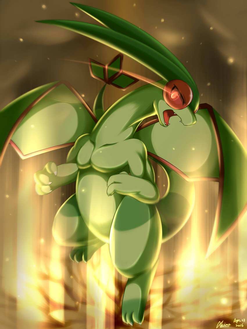 3_fingers 3_toes ambiguous_gender anthro anthrofied biceps claws fangs featureless_crotch feet fighting_pose finger_claws fingers front_view glowing glowing_eyes green_body green_scales green_wings long_tail looking_at_viewer membrane_(anatomy) membranous_wings muscular muscular_ambiguous muscular_anthro nude open_mouth pecs pokemorph pose red_eyes scales solo tail teeth thick_thighs toe_claws toes tongue white_claws wings akino-kamihara mythology nintendo pokemon dragon flygon generation_3_pokemon mythological_creature mythological_scalie pokemon_(species) reptile scalie 2016 3:4 absurd_res dated digital_media_(artwork) full-length_portrait hi_res portrait shaded signature