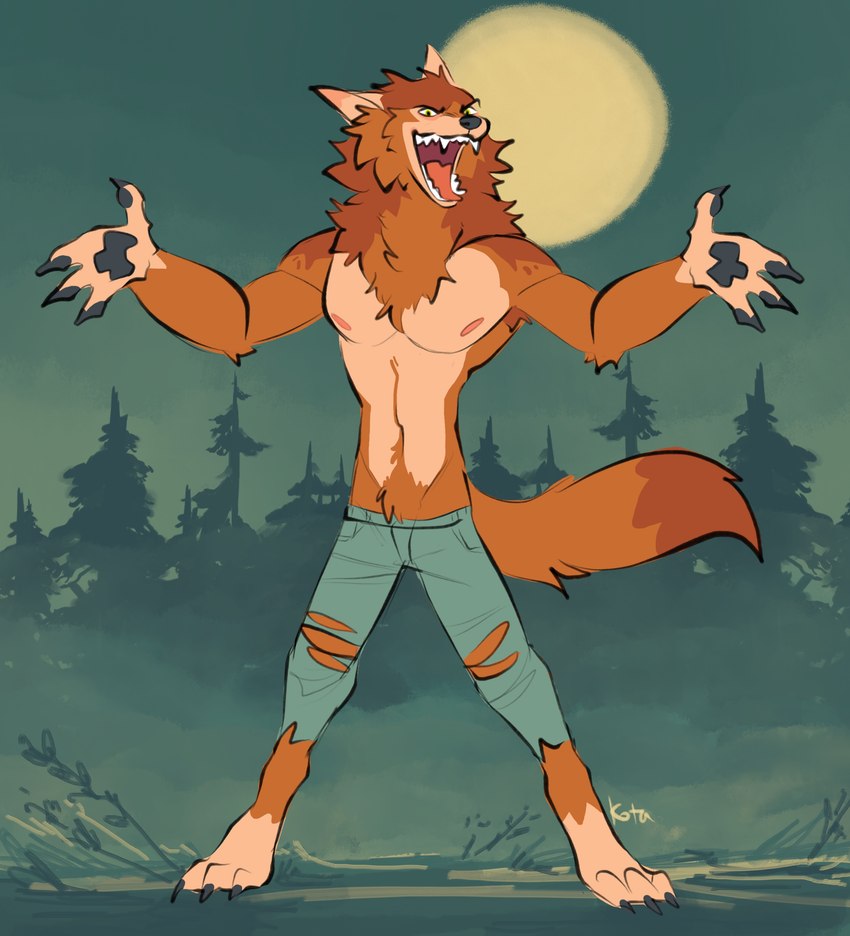 4_fingers anthro athletic athletic_male barefoot black_pawpads bottomwear brown_body brown_fur claws clothed clothing fangs feet finger_claws fingerpads fingers forest forest_background full_moon fur looking_at_viewer male moon nature nature_background night open_mouth pants pawpads plant small_waist solo spread_arms standing tail teeth toe_claws tongue topless topless_male torn_bottomwear torn_clothing torn_pants tree yellow_eyes kotacat4 mythology canid canine mammal mythological_canine mythological_creature were werecanid werecanine werewolf absurd_res hi_res signature