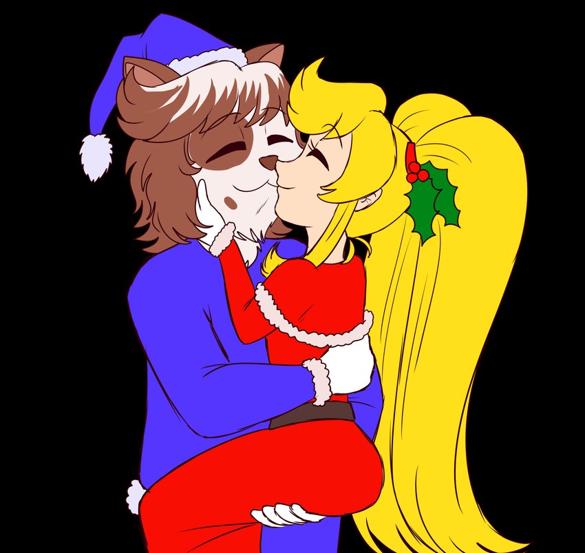 anthro blonde_hair blue_pajamas brown_hair brown_markings carrying_another chin_tuft christmas_clothing christmas_headwear clothing costume duo eye_markings facial_tuft female fur gloves hair handwear hat headgear headwear holidays holly_(plant) light_body light_skin male markings married_couple neck_tuft nose_to_nose pajamas plant santa_costume santa_dress santa_hat simple_background transparent_background tuft twintails_(hairstyle) white_body white_clothing white_fur white_gloves white_handwear sailor_bomber christmas reku_(akubon) shizen_(sailorbomber) domestic_cat felid feline felis human mammal persian_cat absurd_res alpha_channel hi_res