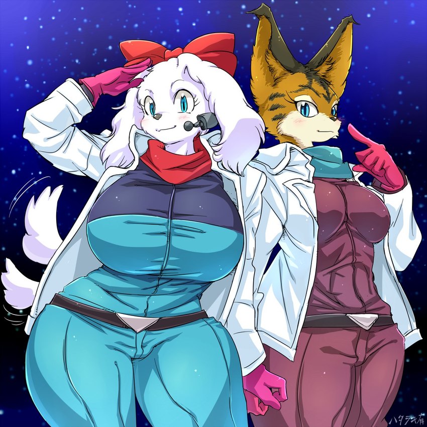 anthro belt big_breasts black_body black_fur blue_clothing blue_eyes blue_scarf blue_suit blush bow_ribbon breasts clothing duo female fur gloves handwear jacket multicolored_body multicolored_fur orange_body orange_fur red_clothing red_scarf red_suit scarf suit tail tail_motion tailwag tight_clothing topwear white_body white_clothing white_fur white_jacket white_topwear hataraki_ari nintendo star_fox fay_(star_fox) miyu_(star_fox) canid canine canis domestic_dog felid feline lynx mammal 1:1 hi_res