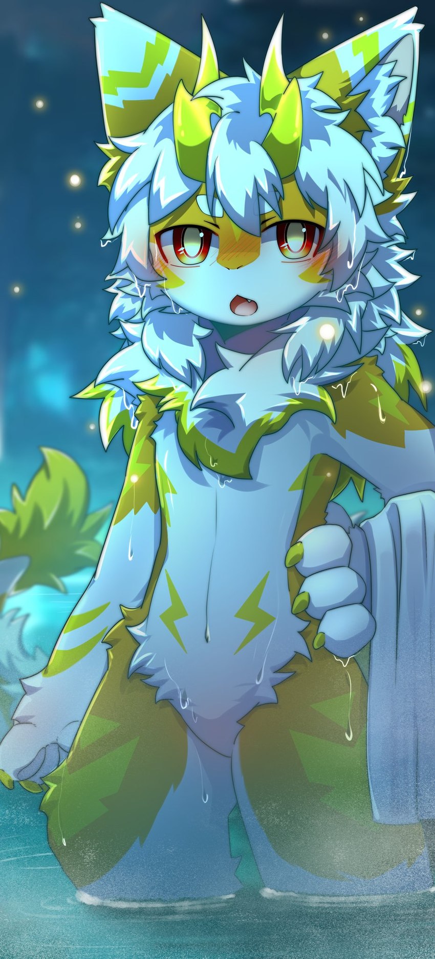 4_fingers anthro biped blurred_background blush blush_lines claws fangs fingers fluffy fluffy_tail front_view fur horn kemono looking_at_viewer male multicolored_body multicolored_fur neck_tuft night open_mouth outside partially_submerged paws red_eyes solo standing standing_in_water tail teeth towel tuft two_tone_body two_tone_fur water wet wet_body wet_fur white_body white_fur yellow_body yellow_fur yellow_horn hlg7777 mythology arenolos arthropod beetle dragon elateroid firefly furred_dragon furred_scalie glowworm insect mythological_creature mythological_scalie scalie 2024 cool_colors digital_drawing_(artwork) digital_media_(artwork) full-length_portrait hi_res portrait shaded
