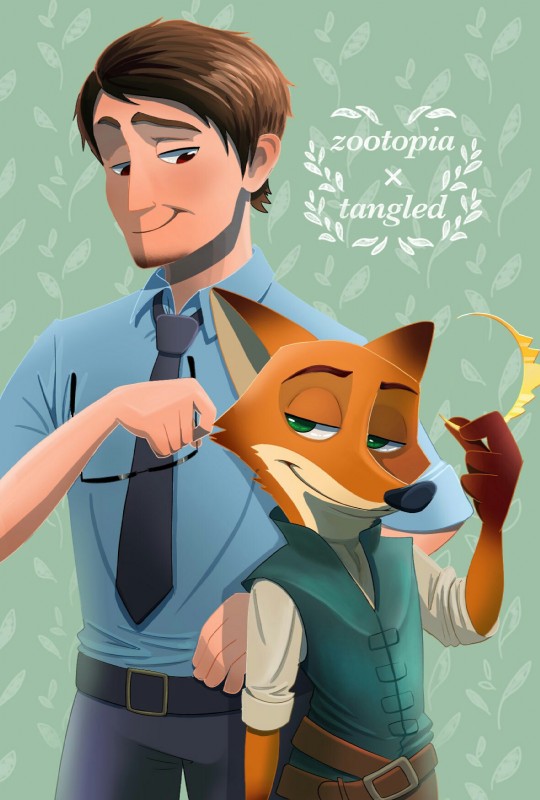 alternate_costume anthro belt clothed clothing clothing_swap duo fur hair male orange_body orange_fur simple_background text takatmadisney disney tangled_(disney) zootopia flynn_rider nick_wilde canid canine fox human mammal red_fox true_fox 2018 crossover english_text hi_res