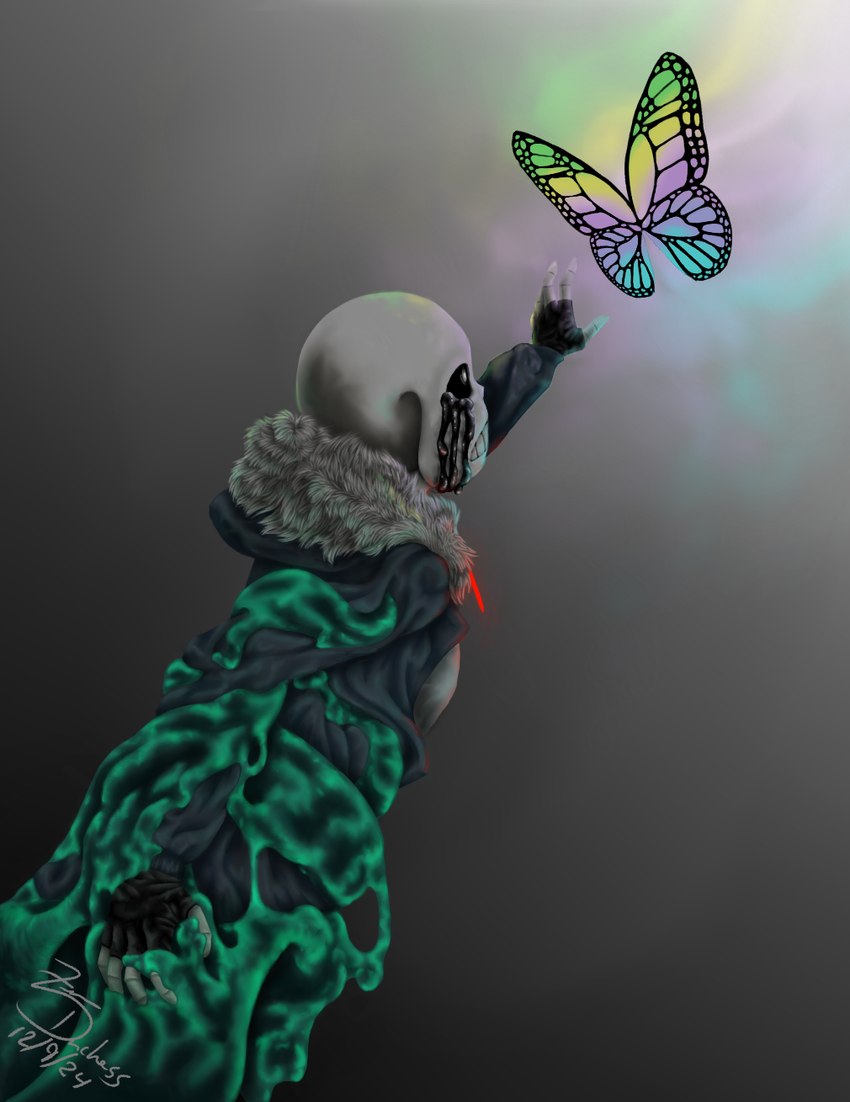 ambiguous_gender bone clothed clothing goop goopy male rainbow skeleton solo zeryxis undertale_(series) sans_(undertale) arthropod butterfly humanoid insect lepidopteran hi_res pastel_theme