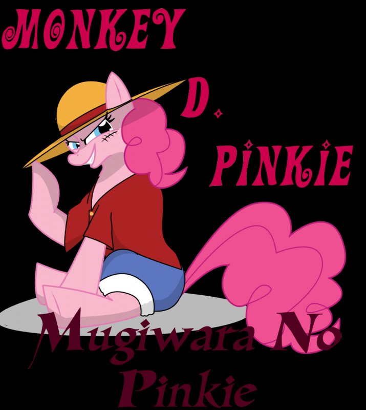 clothing female feral fur hair hat headgear headwear looking_at_viewer pink_body pink_fur pink_hair simple_background smile solo tail text transparent_background kyubicat friendship_is_magic hasbro my_little_pony one_piece monkey_d._luffy pinkie_pie_(mlp) earth_pony equid equine horse mammal pony alpha_channel crossover hi_res