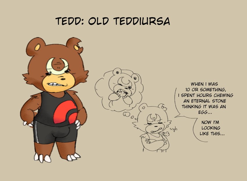 anthro chewing claws elderly grumpy male sharp_teeth size_difference sleeveless_shirt slightly_chubby smaller_male solo teeth text olozva nintendo pokemon fan_character bear generation_2_pokemon mammal pokemon_(species) teddiursa english_text