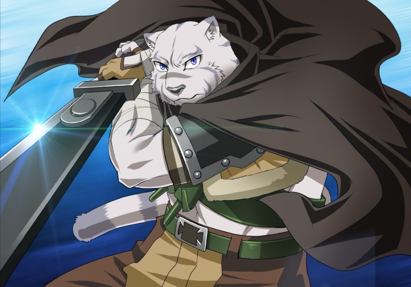 anthro arm_wraps armor belt blue_eyes clothed clothing fur holding_object looking_at_viewer solo striped_body striped_fur stripes wraps wrist_wraps alios grimoire_of_zero mercenary_(grimoire_of_zero) felid mammal pantherine tiger hi_res