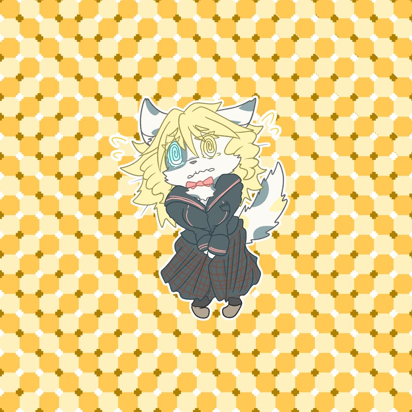 abstract_background anthro blonde_hair blue_eyes blush chibi clothed clothing confusion desperation dress drill_curls female fur hair heterochromia multicolored_body multicolored_fur omorashi optical_illusion school_uniform solo spiral_eyes uniform yellow_eyes mttbsmn rittine_(mttbsmn) domestic_cat felid feline felis mammal absurd_res hi_res