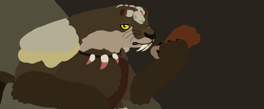 anthro bad_posture barbarian bigmommabadger bone chair chicken_meat claws crown fangs food frown fur fur_clothing furniture headgear jewelry looking_at_viewer male meat necklace roast_chicken_leg sabertooth_(anatomy) sitting solo tail teeth throne whiskers bear chimera mammal monster mustelid otter ursine