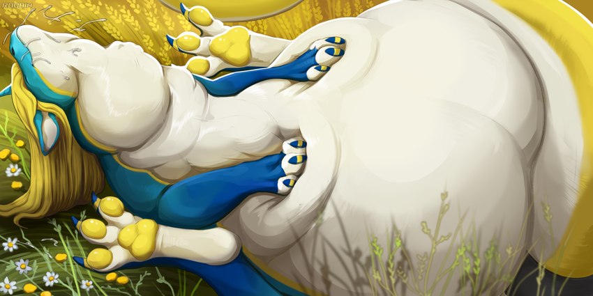 belly big_belly blonde_hair blue_body blue_claws blue_horn bodily_fluids chamomile claws drooling eyes_closed female flower grass hair horn huge_belly hyper hyper_belly lying mouth_closed neck_bulge nude on_back oral_vore outside pawpads plant saliva semi-anthro solo swallowing text vore white_body white_flower yellow_body yellow_claws yellow_pawpads roobin cordite candy_orca_dragon artist_name hi_res