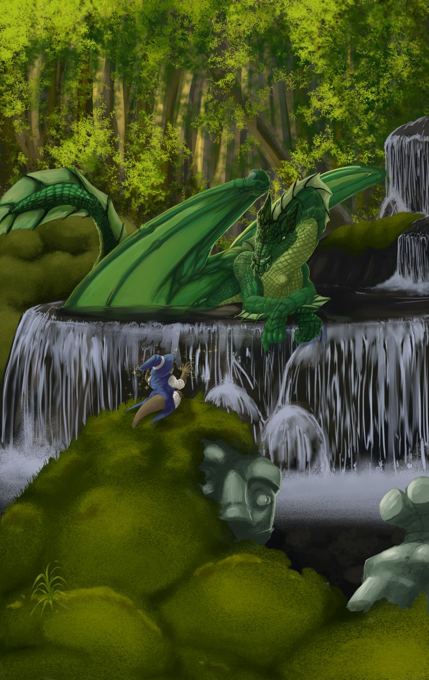 anthro blue_wizard_hat blue_wizard_robe duo forest forest_background green_body green_scales green_wings magic_user male moss nature nature_background partially_submerged plant scales sculpture sparkles statue tree waterfall wings pandottermon mythology dragon mammal mustelid mythological_creature mythological_scalie otter scalie hi_res