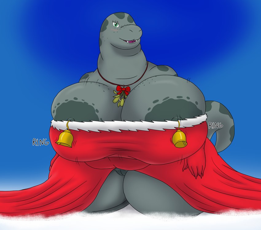 anthro areola areola_slip bell big_breasts blush breasts clothing dress female freckled_breasts freckled_face freckles genitals gloves handwear holidays huge_breasts hyper hyper_breasts jingle_bell mistletoe nipple_outline overweight overweight_female plant pussy shaking_breasts solo sound_effects spots alythewolfcat christmas reptile scalie snake hi_res