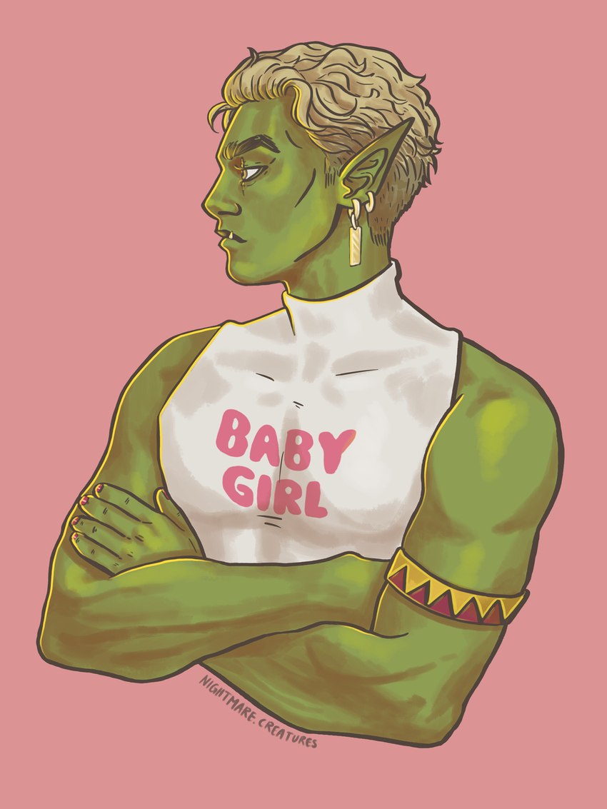 armband blonde_hair clothed clothing colored_nails crossed_arms detailed_ear ear_piercing femboy green_body green_skin hair humanoid_pointy_ears male muscular muscular_femboy muscular_humanoid nails piercing pointy_ears sharp_teeth shirt solo teeth text topwear tusks underbite nightmare-creatures-art drawfee_(copyright) drawtectives gyorik_rogdul humanoid orc 3:4 english_text hi_res