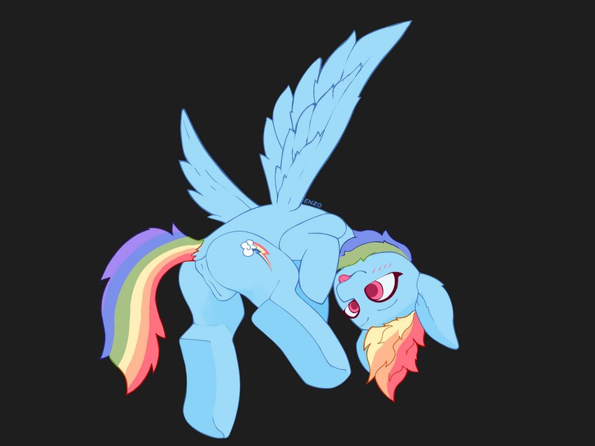 anatomically_correct anatomically_correct_genitalia anus female feral flying genitals hair low-angle_view multicolored_hair pussy rainbow_hair rear_view simple_background smile smirk solo tongue tongue_out wings enzodoesart friendship_is_magic hasbro my_little_pony mythology rainbow_dash_(mlp) equid equine horse mammal mythological_creature mythological_equine pegasus pony 4:3 hi_res