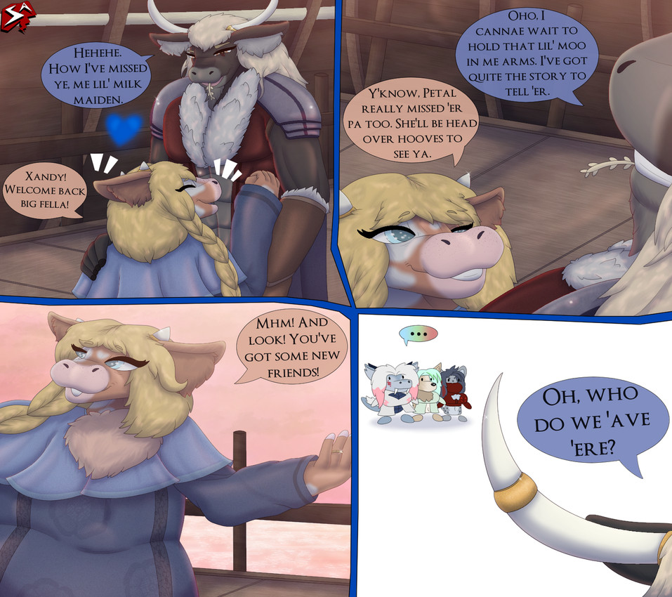 abs accessory ahoge amber_eyes anthro bangs black_body black_fur black_nose blonde_hair blue_body blue_clothing blue_dress blue_eyes blue_hair blue_scales boat braided_hair breasts chest_tuft chibi clothing cloud coat countershade_face countershade_torso countershading dialogue digit_ring docks dress emanata eye_markings eye_scar facial_scar fangs fantasy female fence fluffy fluffy_chest freckles fur furgonomics gloves green_clothing green_coat green_topwear grey_body grey_fur hair hand_on_shoulder handwear happy highlights_(coloring) horn horn_accessory hornband hug husband_and_wife inner_ear_fluff insignia jewelry light long_hair looking_up_at_another male markings married_couple mask mature_female mature_male muscular muscular_male neck_tuft orange_body orange_fur red_clothing red_hair red_shirt red_topwear ring sabertooth_(anatomy) sailor scales scar sea ship shirt short_hair shoulder_pads sky smile sparkles spots spotted_markings sunlight sunrise tail_fluff talking_to_another tan_body tan_fur teeth text topwear tuft vehicle ventral_scales water watercraft wearing_mask wedding_ring wheat wheat_in_mouth white_body white_clothing white_coat white_fur white_hair white_topwear stylish_apollo heart_of_the_lands mythology ithaca_juneia roseland_mingwei wyona_dorwin xander_dorwin zenchi_hasagami bovid bovine canid canine canis cattle clouded_leopard coyote dragon felid mammal mythological_creature mythological_scalie pantherine scalie true_buffalo water_buffalo comic english_text hi_res story story_in_description