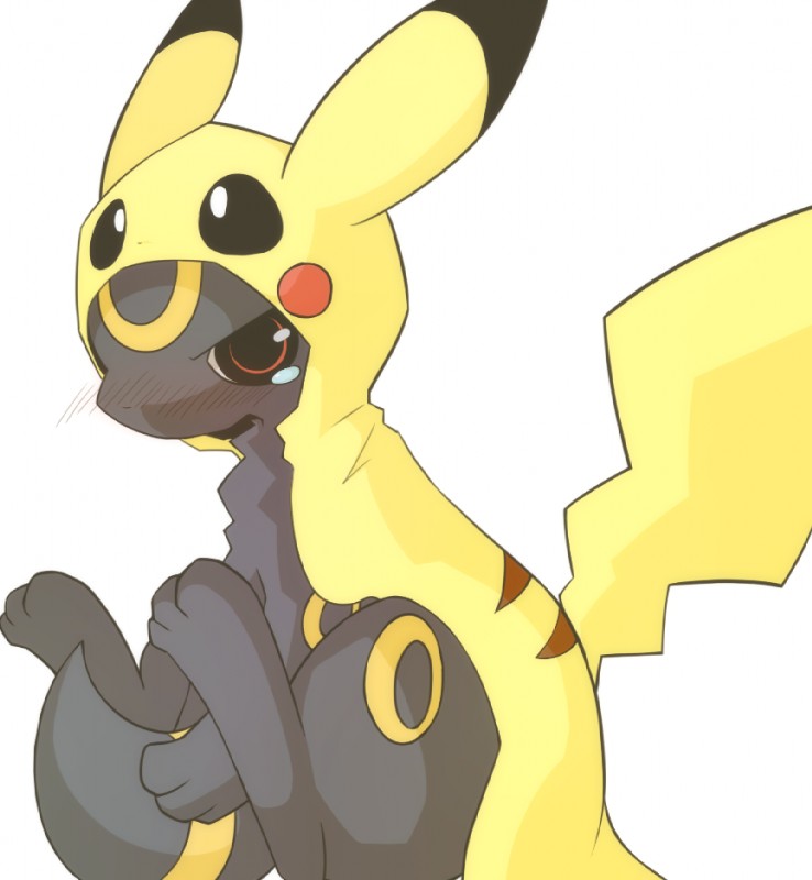 ambiguous_gender angry blush bodily_fluids clothing costume embarrassed feral fluffy looking_at_viewer paws simple_background sitting solo tail tail_between_legs tears white_background shin_(artist) nintendo pokemon eeveelution generation_1_pokemon generation_2_pokemon pikachu pokemon_(species) umbreon