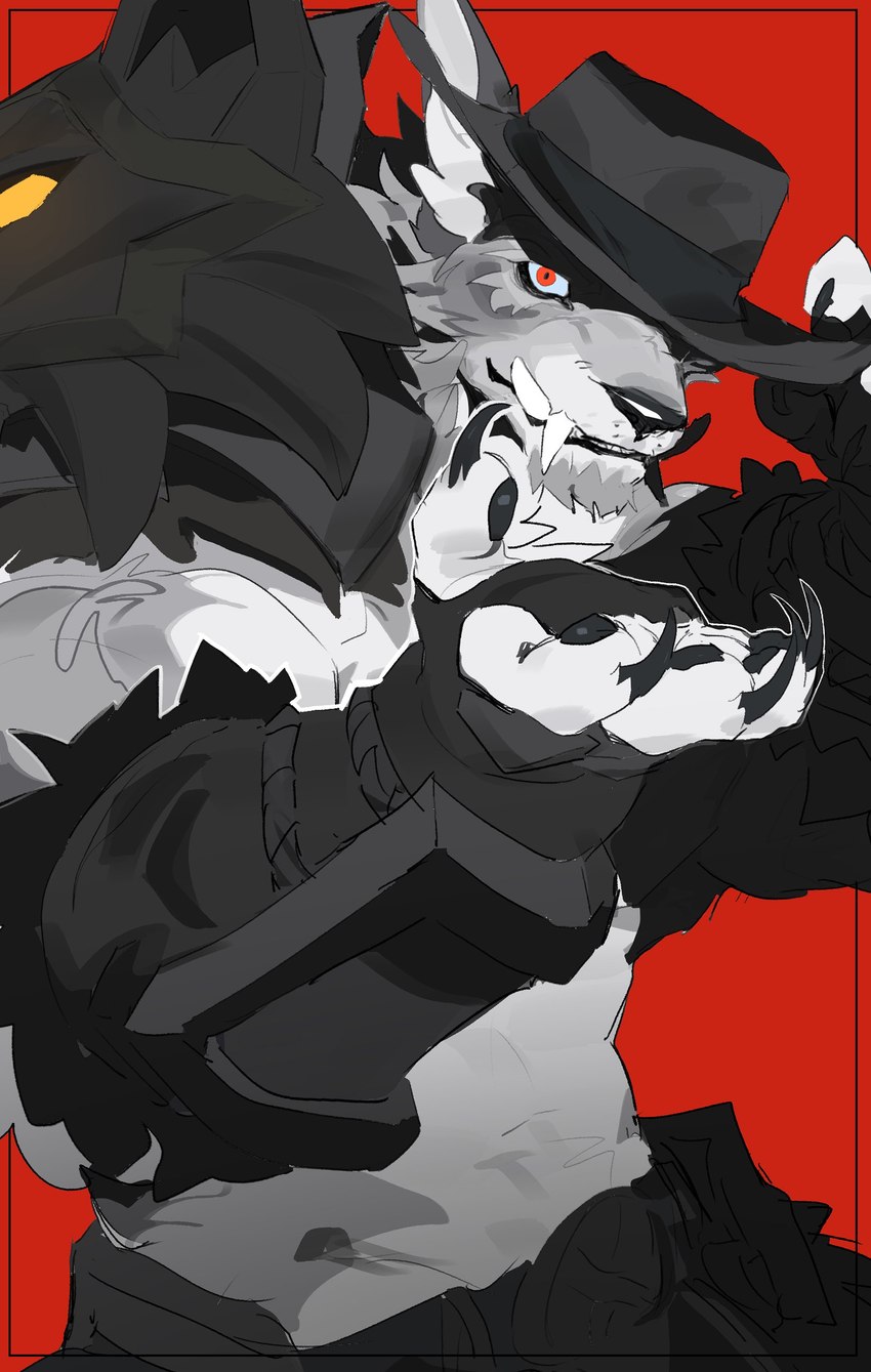 anthro big_fangs clothing cowboy_hat fangs fur grey_body grey_fur hat headgear headwear male red_background red_eyes simple_background solo teeth l0sskim canid canine mammal absurd_res hi_res restricted_palette