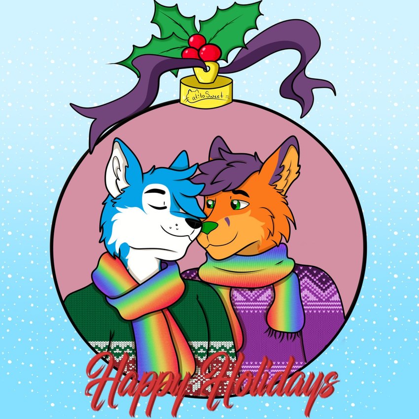 anthro clothing duo flag holidays holly_(plant) lgbt_pride male male/male plant pride_colors proud rainbow_pride_colors scarf sweater topwear alexaxes catitosweet christmas canid canine fox mammal 1:1 hi_res