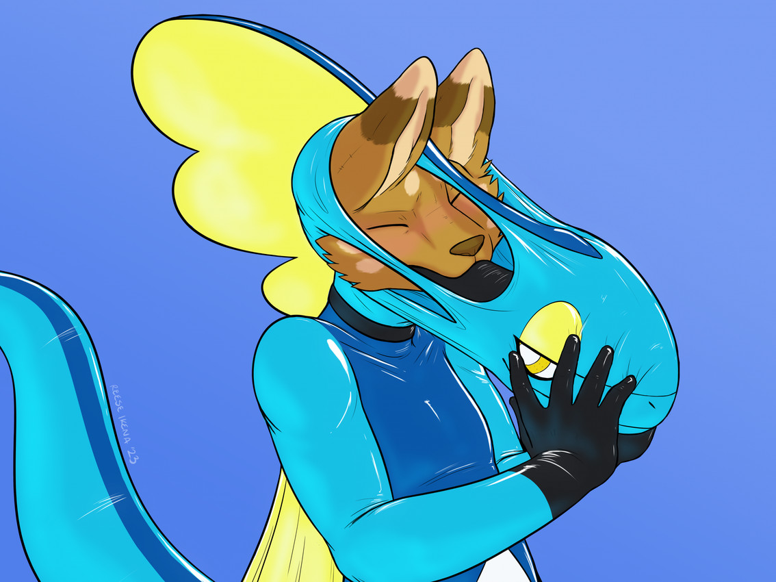 anthro blue_body blush clothing forced forced_transformation gag gag_mask gagged hand_on_face latex latex_clothing latex_skinsuit mask mask_pull plushie simple_background skinsuit solo species_transformation struggling tail tight_clothing transformation reeseikena_(artist) nintendo pokemon reeseikena_(character) animate_inanimate generation_8_pokemon inteleon kangaroo living_clothing living_costume living_latex macropod mammal marsupial pokemon_(species) reptile scalie wallaby 2023 4:3 digital_drawing_(artwork) digital_media_(artwork) hi_res watermark