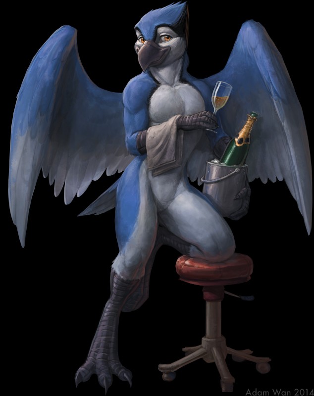 3_toes alcohol anthro avian_feet beak beverage black_beak black_body black_feathers blue_body blue_feathers bottle bucket casual_nudity chair champagne claws container cup digitigrade drinking_glass feathered_wings feathers featureless_crotch feet furniture glass glass_container glass_cup holding_glass holding_object ice inside looking_at_viewer male nude orange_eyes posing_for_picture simple_background smile solo spread_wings stool tail tail_feathers text toe_claws toes towel transparent_background white_body white_feathers wine_bottle wine_glass wings third-party_edit zaush bj_(character) avian bird blue_jay corvid jay_(bird) new_world_jay oscine passerine 2014 absurd_res alpha_channel digital_media_(artwork) digital_painting_(artwork) full-length_portrait hi_res portrait