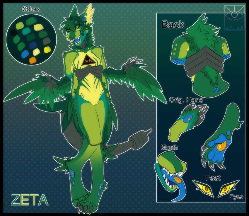 anthro feathered_wings feathers featureless_crotch female green_body male solo text wings atlas_(artist) zeta_the_ampwave ampwave humanoid english_text hi_res model_sheet