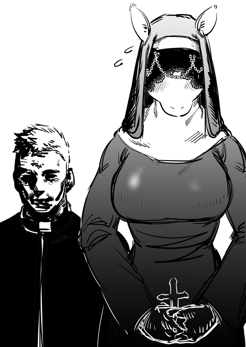 anthro blush bodily_fluids breasts christian_symbol christianity clothed clothing cross curvy_figure duo female fully_clothed holding_cross holding_object male nun pointed_cross priest religion simple_background smile standing sweat veil voluptuous kissxmaker demon equid human mammal 2018 absurd_res hi_res monochrome