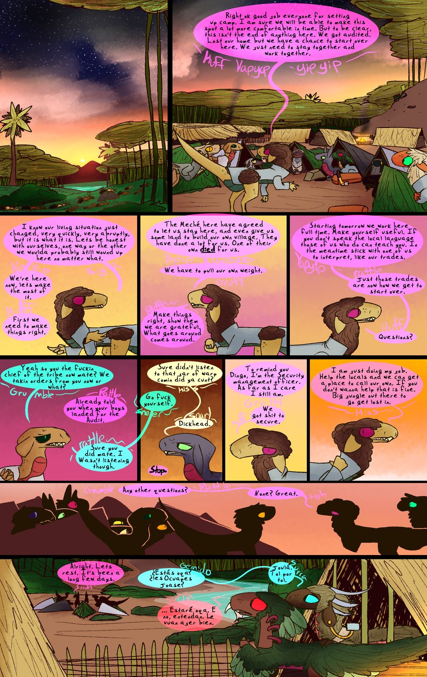 ambiguous_gender bamboo bamboo_forest camp dialogue female feral forest group male plant post-apocalyptic profanity sunset tail text tree village thepatchedragon dragonscape mythology chantrea_(thepatchedragon) dingo_(thepatchedragon) joase_(thepatchedragon) jono_(thepatchedragon) mark_(thepatchedragon) siti_(thepatchedragon) dinosaur dragon drekir dromaeosaurid mythological_creature mythological_scalie prehistoric_species reptile scalie theropod absurd_res comic english_text hi_res