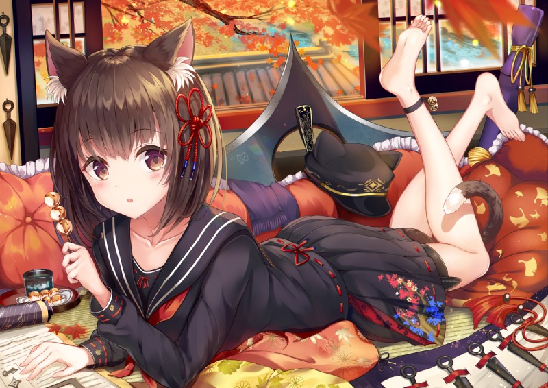 anklet asian_clothing barefoot blush bottomwear brown_hair clothed clothing dango_(food) east_asian_clothing feet female food hair japanese japanese_clothing japanese_school_uniform jewelry knife kunai lying on_front plant school_uniform serafuku shirt skirt solo topwear tree uniform weapon window sakura_ani animal_humanoid cat_humanoid felid felid_humanoid feline feline_humanoid humanoid mammal mammal_humanoid 2019