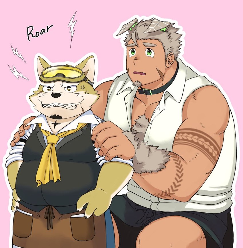 anthro body_hair chest_hair clothing duo eyewear facial_hair fur goggles grey_hair hair male muscular muscular_male mustache necktie short_stack size_difference topwear vest yellow_body yellow_fur unpluggedkey lifewonders live_a_hero gomeisa procy canid canine canis domestic_dog humanoid mammal