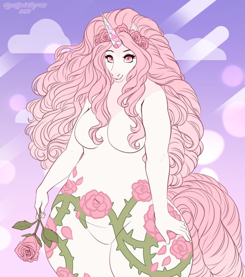 anthro breasts eyelashes featureless_breasts featureless_crotch female floral_markings flower front_view hair holding_flower holding_object holding_rose horn long_hair markings navel nude pink_eyes pink_hair pink_horn pink_rose plant rose_(flower) slightly_chubby slightly_chubby_anthro slightly_chubby_female solo standing thick_thighs white_body white_horn tiggybloom mythology equid equine mammal mythological_creature mythological_equine unicorn 2020 hi_res portrait three-quarter_portrait