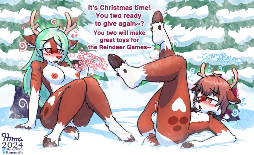 alternate_species anthro antlers areola balls blush breasts brown_body brown_fur brown_hair dialogue duo evergreen_tree female fur genitals green_hair hair heart_eyes heart_symbol holidays horn hypnosis implied_transformation long_hair lying male mind_control nude on_back on_ground penis plant short_hair snow text tree white_body white_fur winter hima_nsfw christmas ande_(hima_nsfw) himalaya_(hima_nsfw) deer mammal new_world_deer reindeer absurd_res english_text hi_res