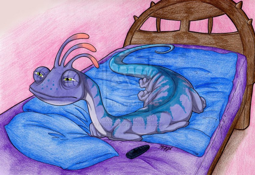 antennae_(anatomy) bed blue_stripes facial_spots furniture green_eyes looking_away lying male multi_limb on_bed on_front pillow purple_body purple_skin simple_background solo spots stripes text tv_remote hyenafactory disney monsters_inc pixar randall_boggs monster reptile scalie distracting_watermark signature traditional_media_(artwork) url watermark