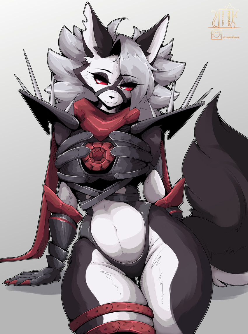 5_fingers anthro armor athletic athletic_female breasts claw_(weapon) clawed_gloves claws clothed clothing curvy_figure eyelashes female fingers fur grey_hair hair happy legwear looking_at_viewer melee_weapon nails navel red_sclera simple_background small_waist solo spikes tail thick_thighs weapon white_body white_eyes white_fur wide_hips sketchy_protogen hellaverse helluva_boss marvel marvel_rivals mythology loona_(helluva_boss) malice_loona_(mangakitsune2) canid canid_demon canine demon hellhound mammal mythological_canine mythological_creature absurd_res hi_res