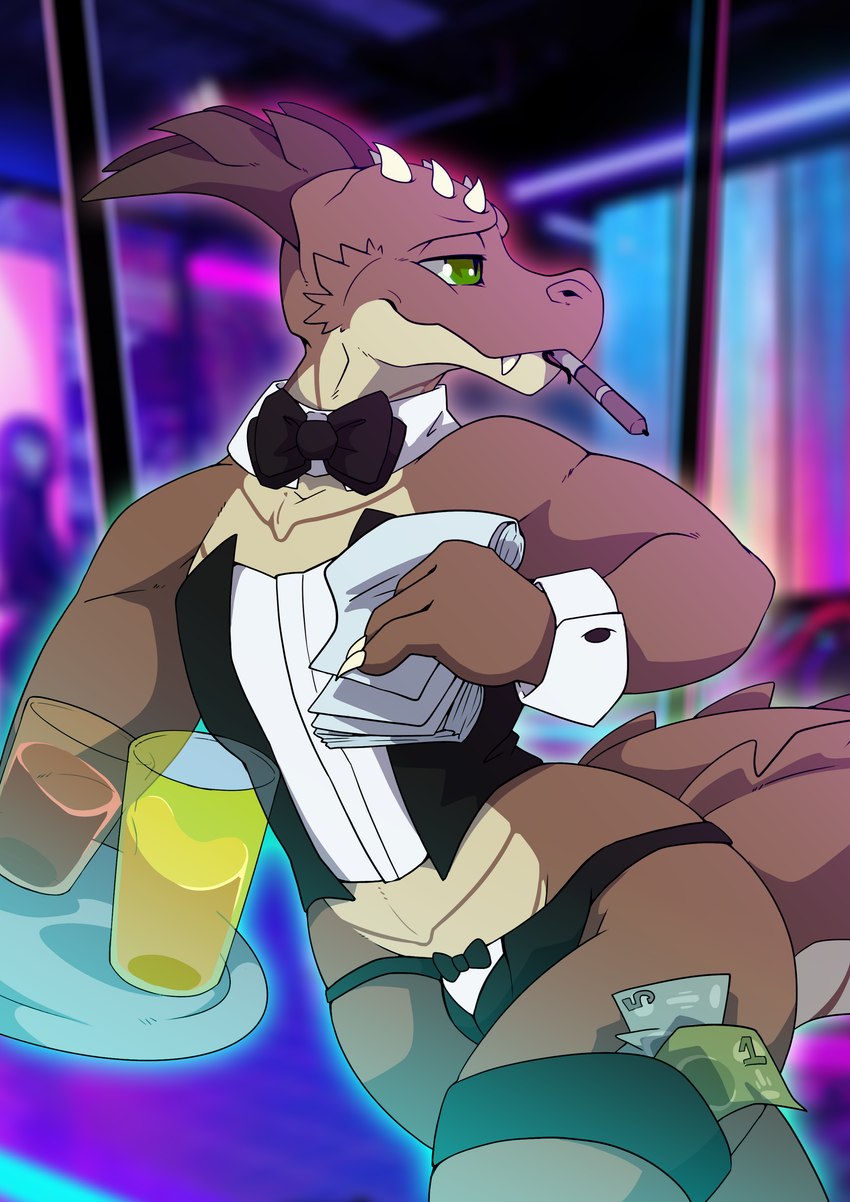 anthro bar biped bow_tie brown_body bulge claws clothed clothing container countershading crossdressing cup glass glass_container glass_cup green_eyes horn male money panties pen_in_mouth pupils slit_pupils tan_body underwear waiter waiter_suit waiter_tray ashley-arctic-fox bryce_daeless kobold scalie absurd_res hi_res